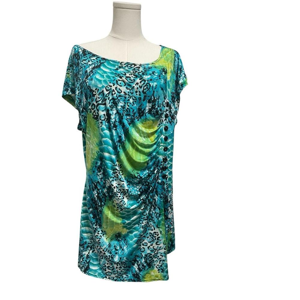 Soft Works Women’s XXL Teal Lime Animal Print Tunic Blouse Preloved